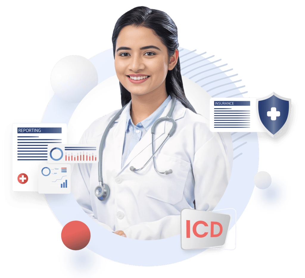 Healthcare professional with medical reporting, insurance, and coding illustrations